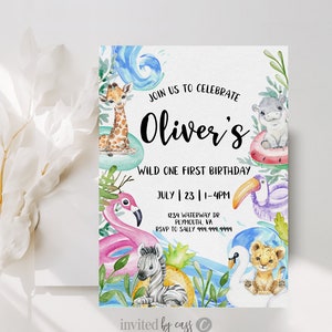 Editable Pool Animals Party Invitation, Wild one Pool Party Invitation First birthday Any age Pool Birthday Summer Swimming Instant Download