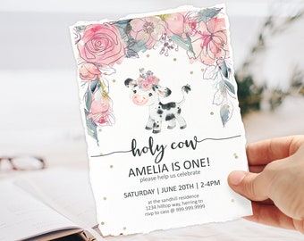 Holy Cow I'm One, Girls First Birthday Invitation, Pink Floral Farm Birthday, Holy Cow I'm Cute, Editable Invite Printable , Invite Template