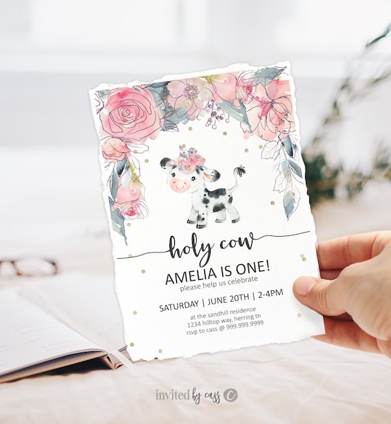 Holy Cow I'm One, Girls First Birthday Invitation, Pink Floral Farm Birthday, Holy Cow I'm Cute, Editable Invite Printable , Invite Template Il_570xn