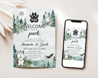 Bienvenue dans le pack d'invitations de douche de loup | Baby shower de la meute de loups | Imprimable | Baby shower de chiots loups | Douche aventure en forêt