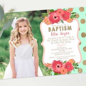 lds baptism invitations - Mint and Coral Floral and gold Christening - baptism announcement - Printable Digital Download