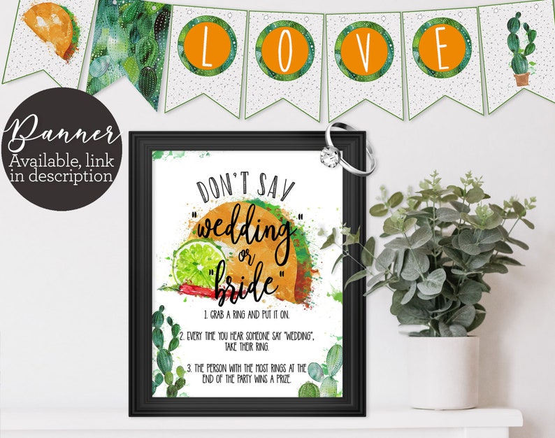 Fiesta Bridal Shower Game Don't Say Wedding / Bride Ring Game printable ACTUALLY FUN shower games Taco Bout Love Southwestern TB121 image 1