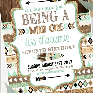 Wild one Tribal Birthday Invitations Boy Printable Invites for ANY age Brown Teal Gold Wild One Birthday Instant Download image 2