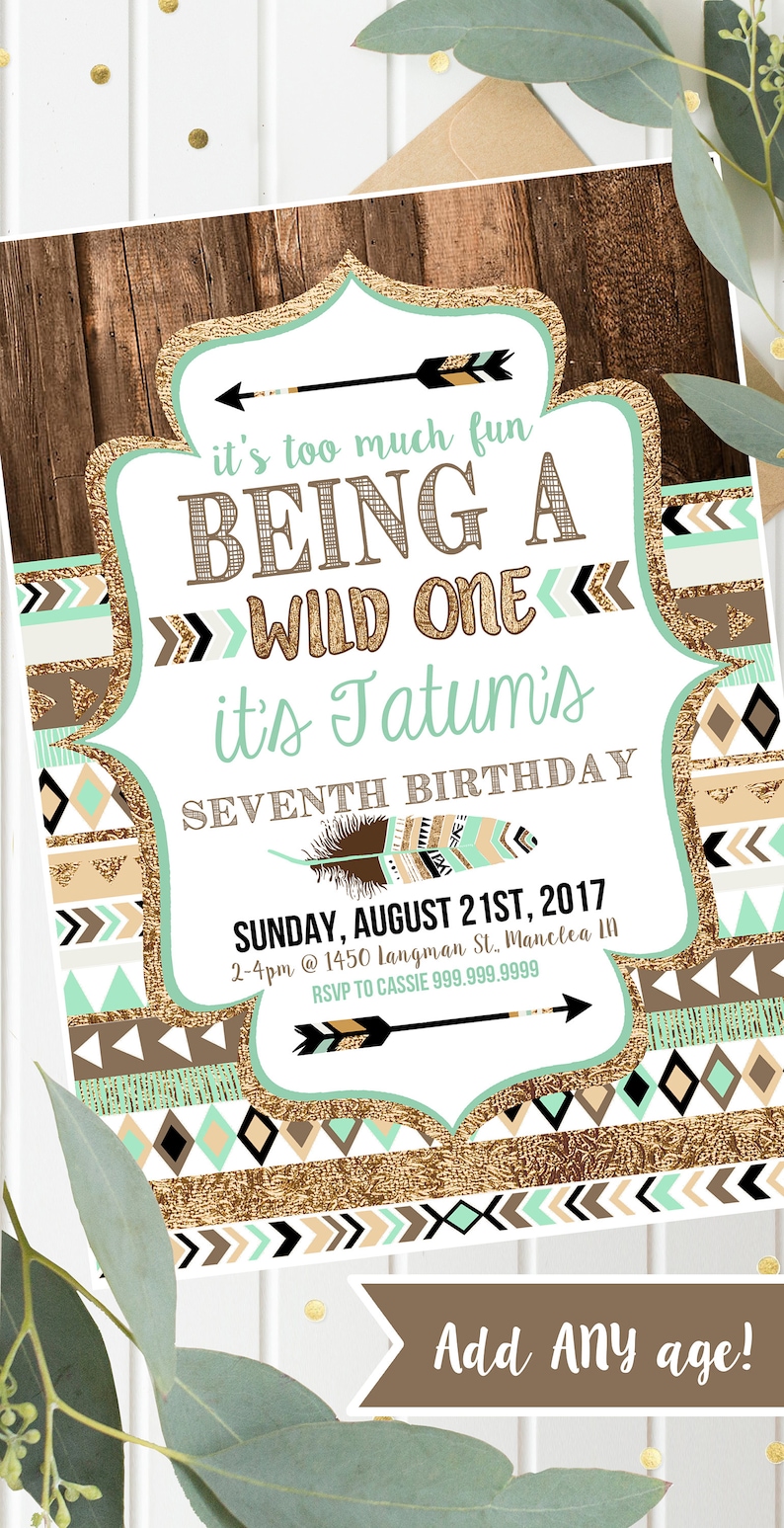 Wild one Tribal Birthday Invitations Boy Printable Invites for ANY age Brown Teal Gold Wild One Birthday Instant Download image 2
