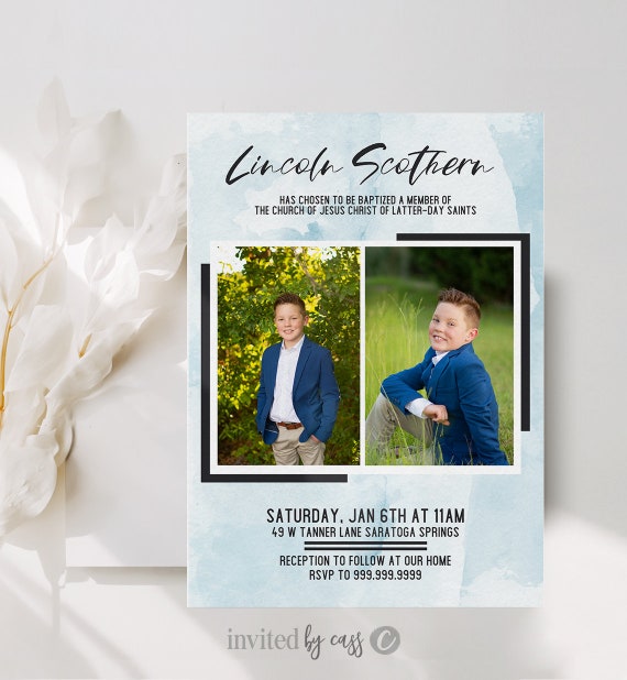 Modern Editable LDS Baptism Invitation, Boys Blue Watercolor Invitation Template Instant