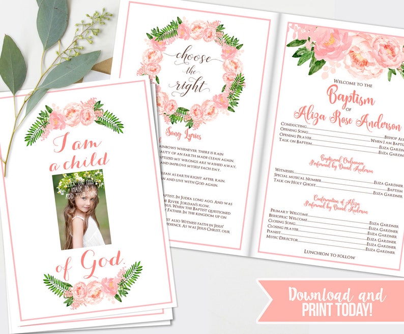 LDS Girls Baptism Program Fully Editable Photo Option, Printable Folded Baptism Program Great to be 8 Mormon Baptism Program INSTANT image 1