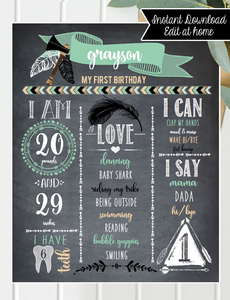 Personalized First 1st Birthday Chalkboard Sign Instant Download Wild One BOY Poster Printable First Birthday Chalkboard Sign image 4