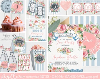 BUNDLE Floral Tea Party Invitation + Decor + Games -  Tea Party Invite, Wonderland  / Onederland Birthday Invite, Tea Party Idea - C117