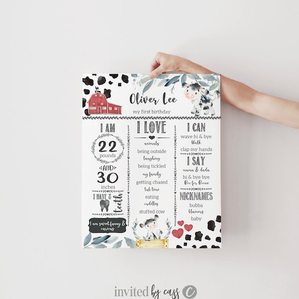 EDITIERBARE Meilensteintafel, Red Barn Holy Cow Jungen zum ersten Geburtstag Meilensteinschild, druckbare Geburtstagsmeilensteinvorlage, erster Geburtstag des Babys
