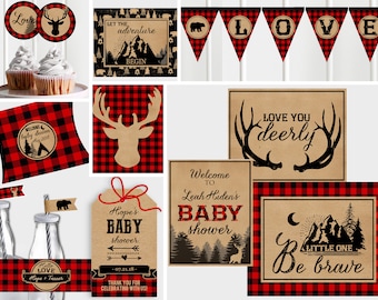 Bundle! - Buffalo Plaid Baby Shower Decorations AND Games - Rustic Boy Baby Shower - Decor Shower Games - Lumberjack - Buffalo Plaid