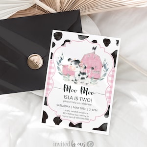 Moo Moo I&#39;m two Girls Birthday Invitation, pink gingham Farm Birthday, Any Age + second Birthday, Printable, Cow Birthday Invite Template