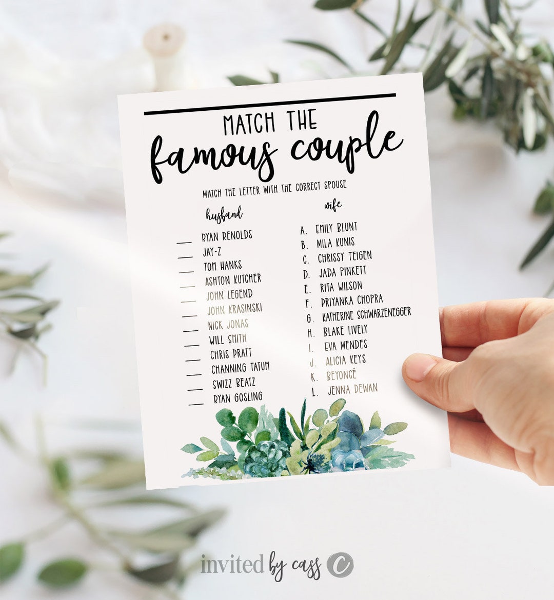 Famous Couples Wedding Shower Game, Bridal Shower, Matching, INSTANT ...