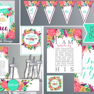Baptism Quotes Printable Decorations - Teal and Pink - Baptism Decorations  -  Watercolor Flowers (Instant Download)
