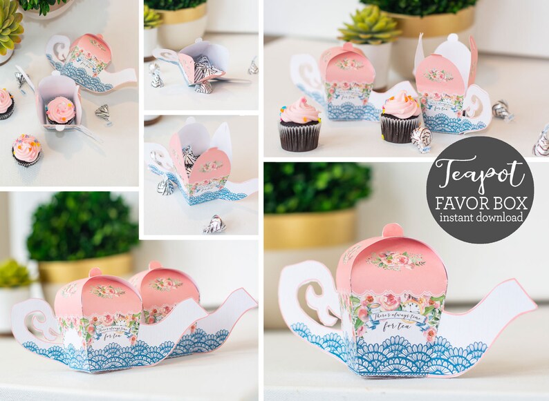 Teapot Favor Boxes INSTANT Download Birthday Bridal Shower Favors Tea Favor Boxes Tea Party Favors Alice in Wonderland C117 image 4