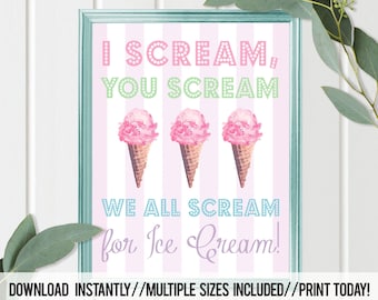 Ice Cream wall art, PRINT Girls Room Decor, Pastels Pink, I Scream you scream print, Ice Cream Party, Ice Cream Watercolor art, Instant