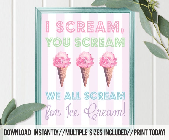 Ice Cream wall art, PRINT Girls Room Decor, Pastels Pink, I Scream you scream print, Ice Cream Party, Ice Cream Watercolor art, Instant Il_570xn
