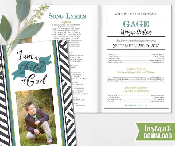 Boys Baptism Program - Photo - Gray teal green - Printable Folded Baptism Program - Great to be 8 - Mormon Baptism Program -INSTANT DOWNLOAD Il_570xn