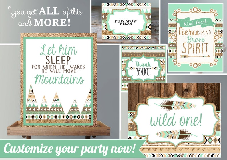 Wild One Birthday Invitation with Decor brown mint teal and gold Tribal First Birthday Party BOY Printable Invite and Decor image 5