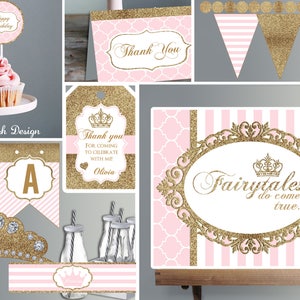 Princess Birthday Party Decorations Personalize Pink and Gold Glitter Princess Birthday Party Printable Instant Download image 1
