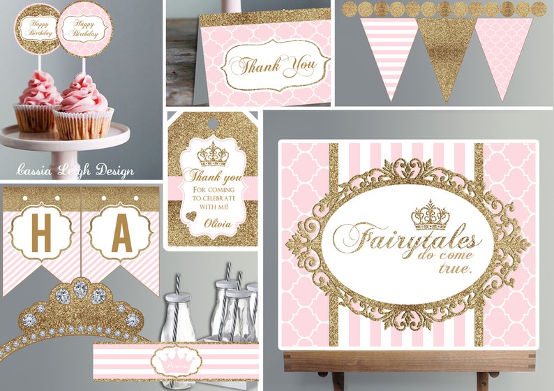 Princess Birthday Party Decorations Personalize Pink and Gold Glitter Princess Birthday Party Printable Instant Download image 1