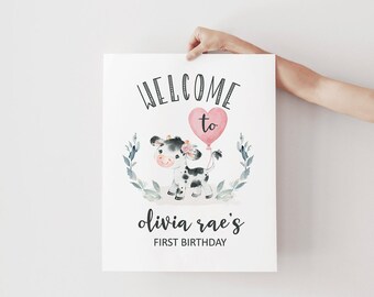 EDITABLE Welcome Sign, Holy Cow I'm One, Pink Farm Cow Girl Birthday Welcome, Girl Farm Birthday Welcome Sign, Customizable PDF DIY File