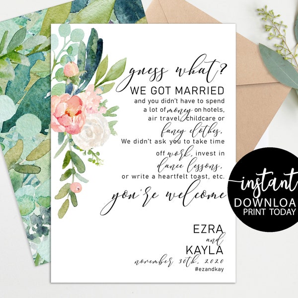 We Eloped, Funny, Elopement Announcement Template, Wedding Elopement, Tied the Knot, Reception Invitation, Greenery, INSTANT DOWNLOAD, GRF23