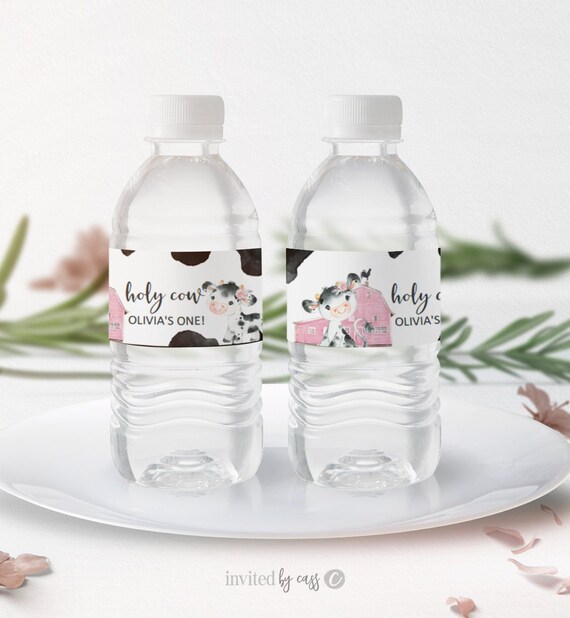Editable Pink Holy Cow Birthday Water Bottle Labels, Cow Bottle Labels