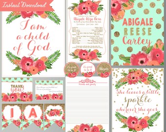 Baptism Decorations Printable - Coral and Pink Floral - Girl Personalized Baptism - Instant download Baptism Prints