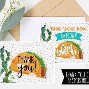 Cartões de agradecimento da Taco Party - Baixe e imprima agora - Chá de bebê, aniversário, comemoração - Taco 'bout awesome - Nota de agradecimento - Arquivo digital