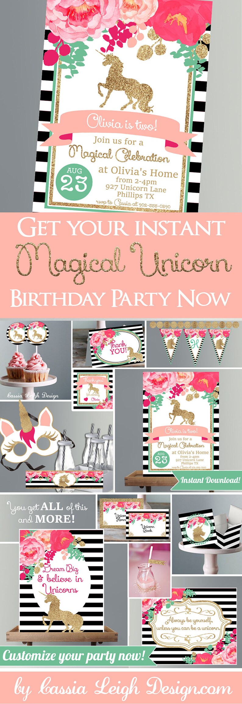 Magical Unicorn Birthday Invitations Pink and Glitter Unicorn Birthday Printable Party FULL Kit image 2