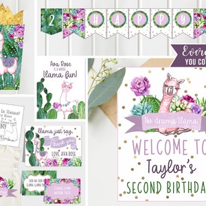 Llama Birthday Party Decorations, Cactus & Purple Flowers, Llama Birthday, Custom, Instant Download, Fiesta
