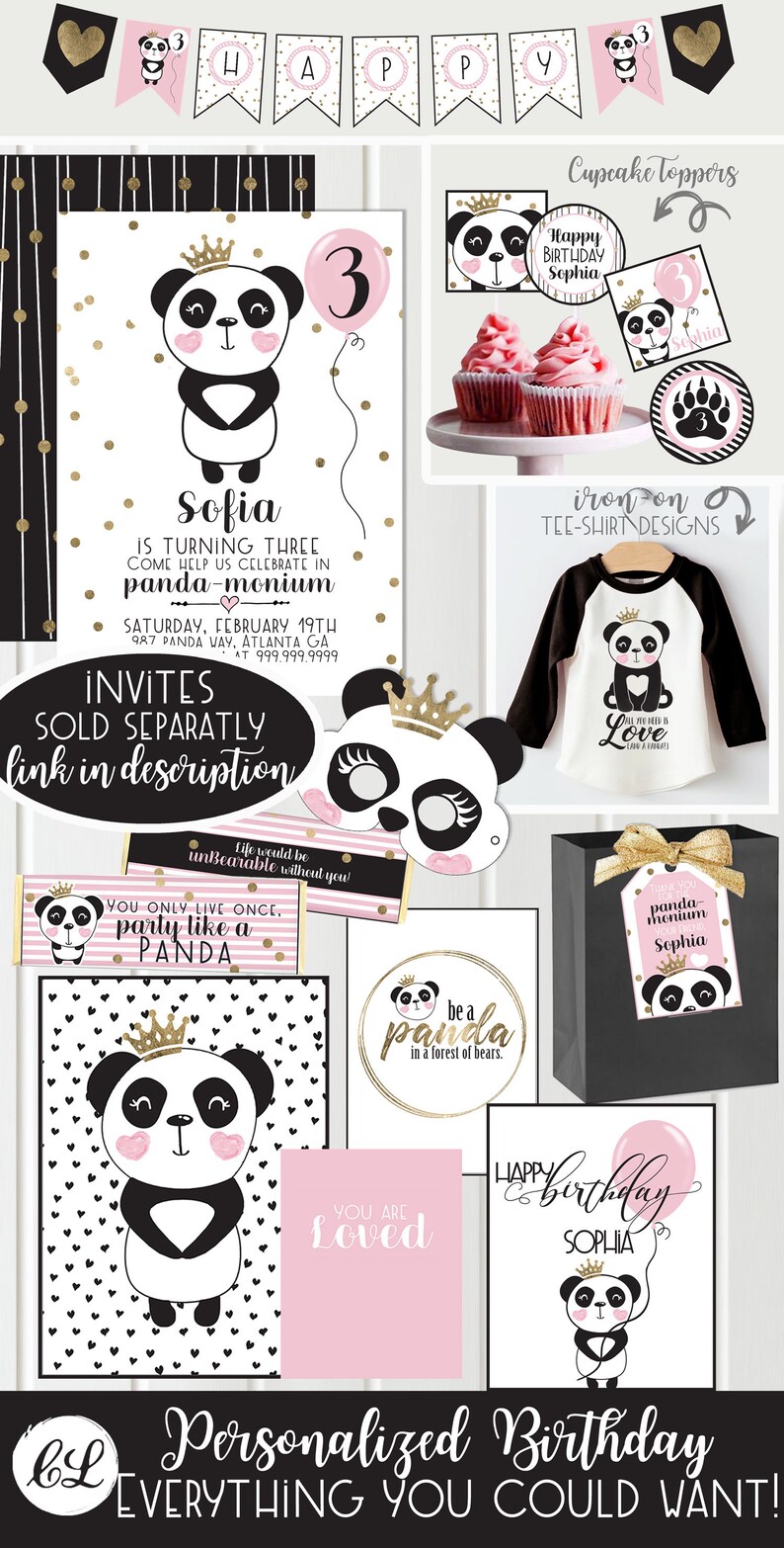 Panda Party Bundle Pink Panda Birthday Party Printable Decorations Set Instant Download Printable Girls Birthday Panda Princess image 2