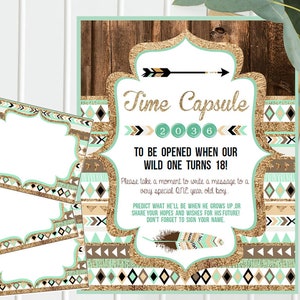 Wild One Time Capsule - goud en blauwgroen - eerste verjaardag jongen - Tribal Wild One Birthday - met kaarten die gasten kunnen invullen - Instant Download