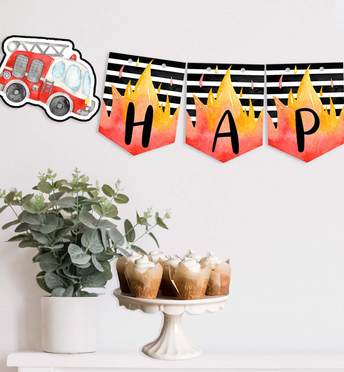 Striscione Di Buon Compleanno A Tema Camion Dei Pompieri Cheereveal: Ghirlanda Di Bandierine Con 15 Pezzi Di Carta, Decorazioni Per Feste Bambini, Colori Rosso E Bianco