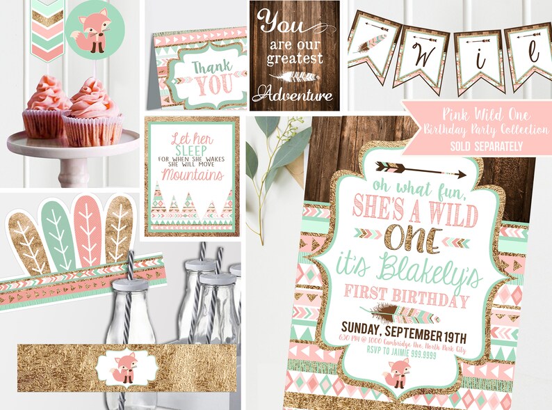 Personalized First 1st Birthday Chalkboard Sign Wild One girl Printable first birthday chalkboard sign Tribal theme pink coral image 6