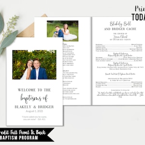 May include: A printable baptism program with a white background and black text. The front of the program features a photo of two children in front of a green background. The text reads "Welcome to the baptisms of Blakely & Bridger August 1, 2021 'I have called you by name, you are mine' - ISA 43:1". The back of the program features a list of the order of service for the baptism ceremony. The text reads "Blakely Bell and Bridger Cache The Church of Jesus Christ of Latter-day Saints".