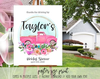 Quarantine Party - Girls Drive By Birthday or Shower -  Pink Floral Truck Drive By party Sign - Download - Social Distance - Any age