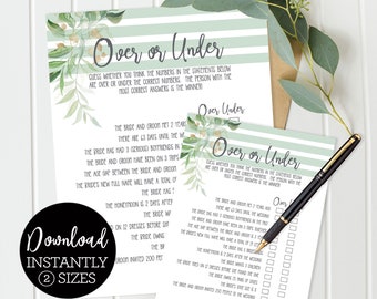 Over or Under, Bridal Shower Game, Green Palm Leaves, Luau Bridal Shower Game, Wedding Shower, Bridal Shower  PL19