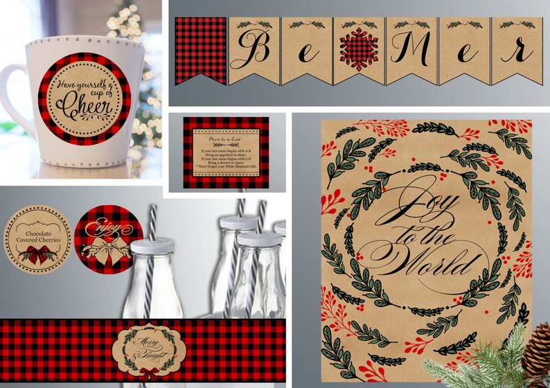 Christmas Printable Decorations Red and Black Plaid Christmas Banner Christmas Decorations Instant Download image 1