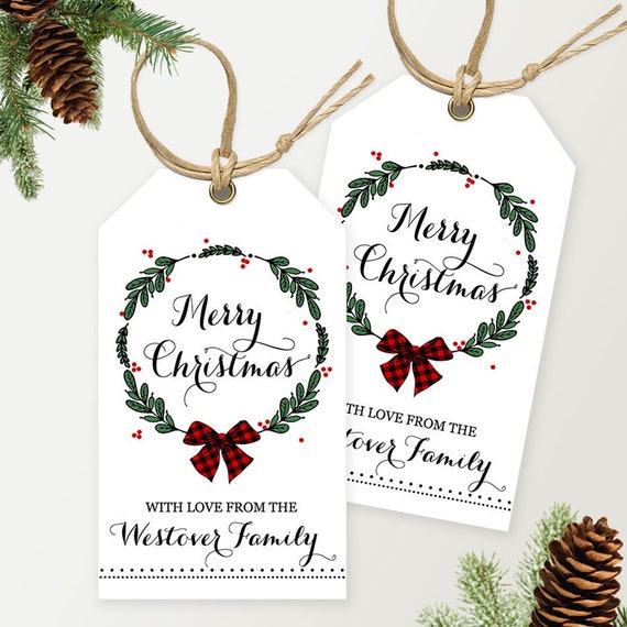 Personalized Christmas Gift Tags - (Download, edit & Print) - Wreath -Christmas Favor, Kraft Tags, Christmas Gift Wrap, Holiday Gift Tags Il_570xn