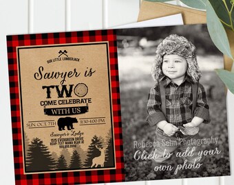 2nd birthday invitation boy, second birthday, lumberjack birthday invitation, into the wild, TWO bear buffalo plaid printable - Instant