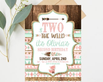 Two Wild Birthday Invitations - Pink and Mint - Second 2nd Birthday Party - Instant Digital Download
