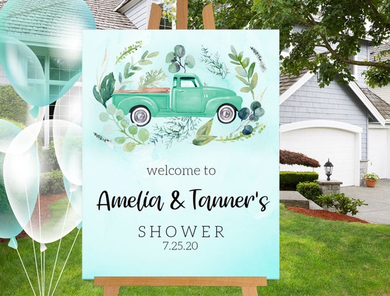 Drive By Shower party Sign - Download - Social Distance - Teal Truck Drive Thru Shower - Greenery - Social Distance - Baby Shower TB21 Il_570xn