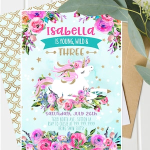 Unicorn Wild and Three Birthday Invitation - Pink purple teal floral - Unicorn 3rd Birthday - Instant Download