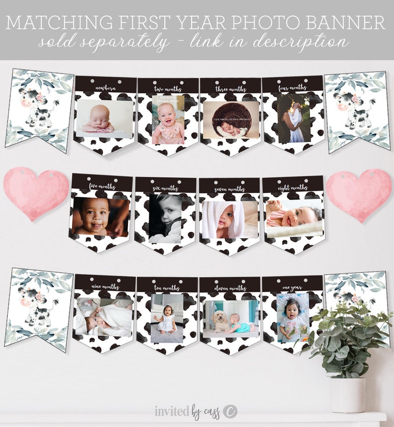 May include: A black and white cow print photo banner with 12 frames for pictures. Each frame has a month of the year printed on it, from newborn to one year. The banner is perfect for a first birthday party.