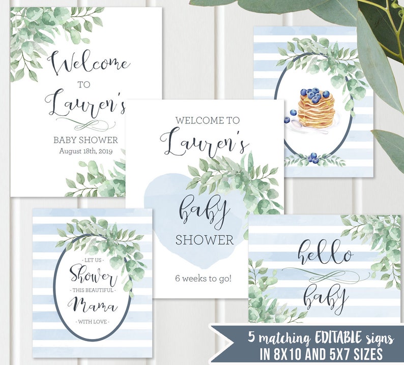 Bundle Baby Boy Shower Decor Shower Games, Printable Blue Greenery Pancakes Baby Brunch, Editable Watercolor, Instant Download DB19 image 2