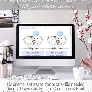 May include: Editable digital template for a baby shower invitation. The template features a cartoon cow with a blue balloon and the text "Holy Cow! Oliver is One!" The template is displayed on a computer screen.