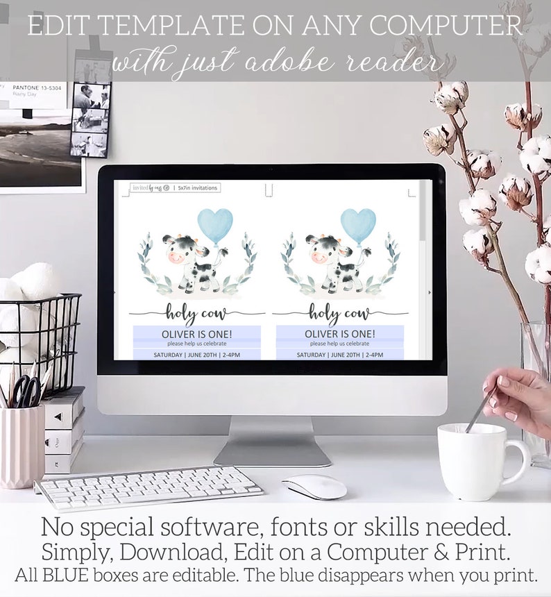 May include: Editable digital template for a baby shower invitation. The template features a cartoon cow with a blue balloon and the text "Holy Cow! Oliver is One!" The template is displayed on a computer screen.