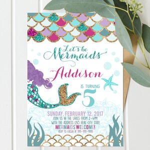 Mermaid Invitation, Mermaid Birthday Invite, Teal Purple Gold Sparkle, Under The Sea Invitation Mermaid Birthday Party, Pool Party image 1