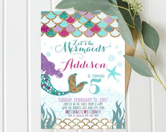 Mermaid Invitation, Mermaid Birthday Invite, Teal Purple Gold Sparkle, Under The Sea Invitation Mermaid Birthday Party, Pool Party